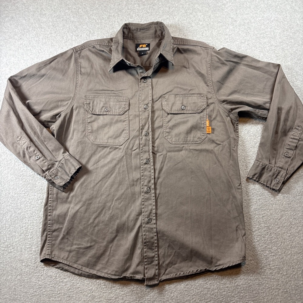 Konreco FR Men's Brown Gray Long Sleeve Button Up Sz L Cat2 NFPA 2 Pocket